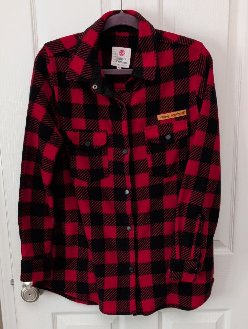 Simply Southern Red Black Buffalo Plaid Flannel Shacket Shirt Jacket Size M